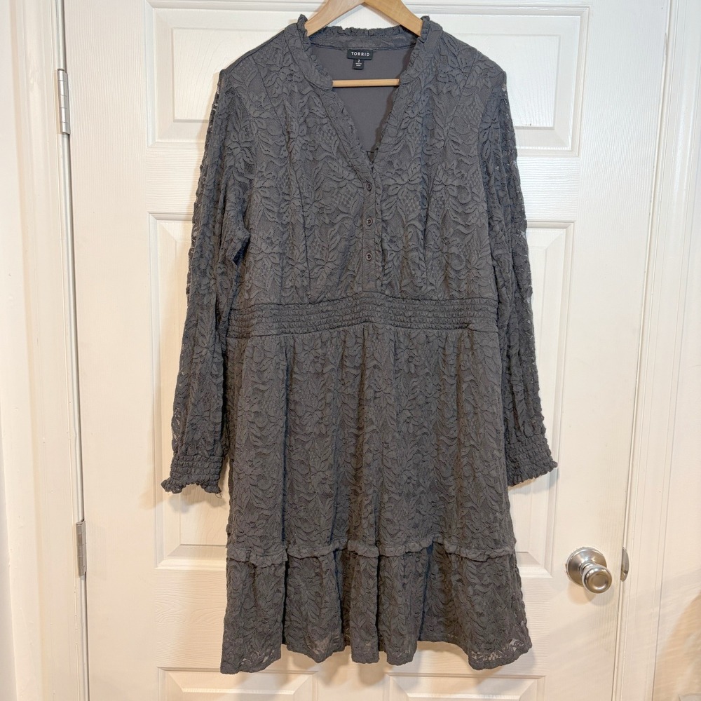 Torrid Gray Stretch Floral Lace Tiered Mini Dress Long Sleeve Pockets 2X 18 20